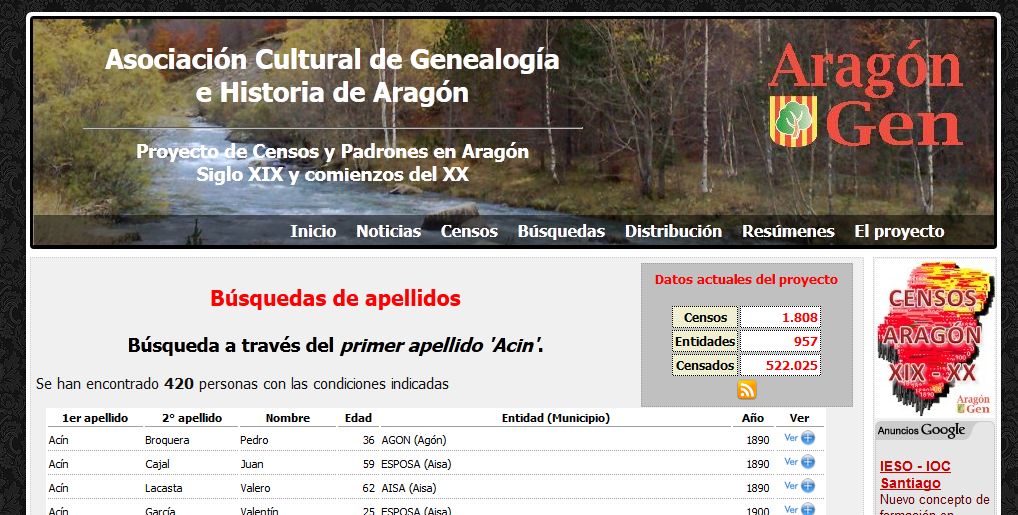 Web pública del proyecto de censos de ARAGONGEN